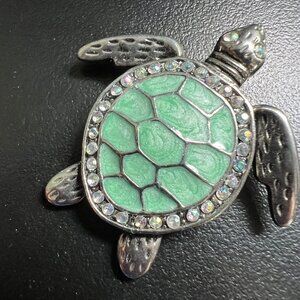 Turtle Pendant Green‎ Enamel Iridescent Stones Silver Tone